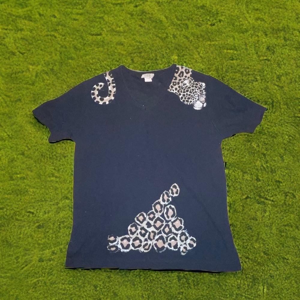 80s Fun Animal Print Teddi Black Animal Print Leopard Around Neck Top Sz Small